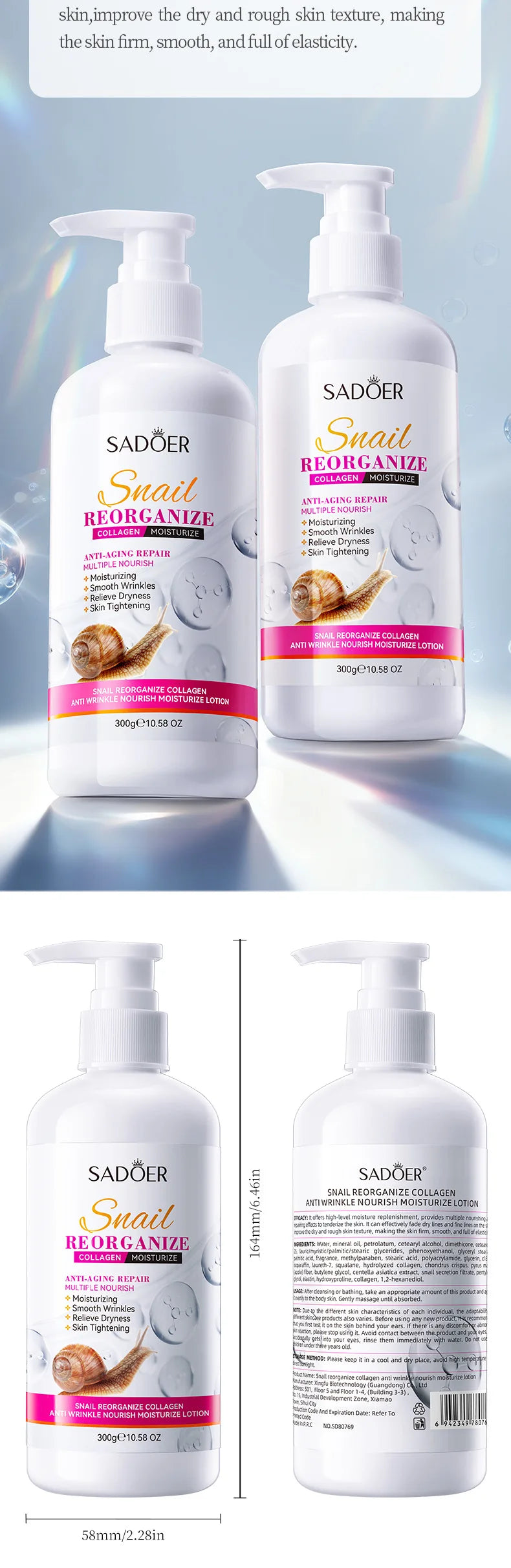 300g SADOER Snail collagen Body Lotion Anti Wrinkles Moisturizing Nourishing Whitening Body Cream Whole Body Hand Leg Skin Care