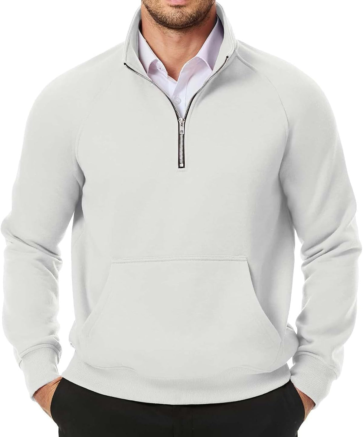 Men's Quarter-Zip Stand Collar Sweatshirt | AURASTYLE - White - front view