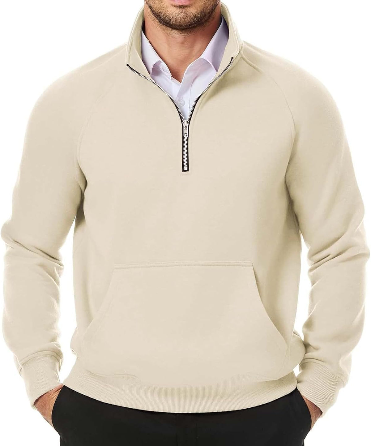 Men's Quarter-Zip Stand Collar Sweatshirt | AURASTYLE - Beige - front view
