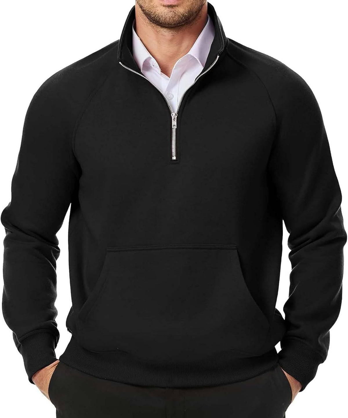 Men's Quarter-Zip Stand Collar Sweatshirt | AURASTYLE - Black - front view