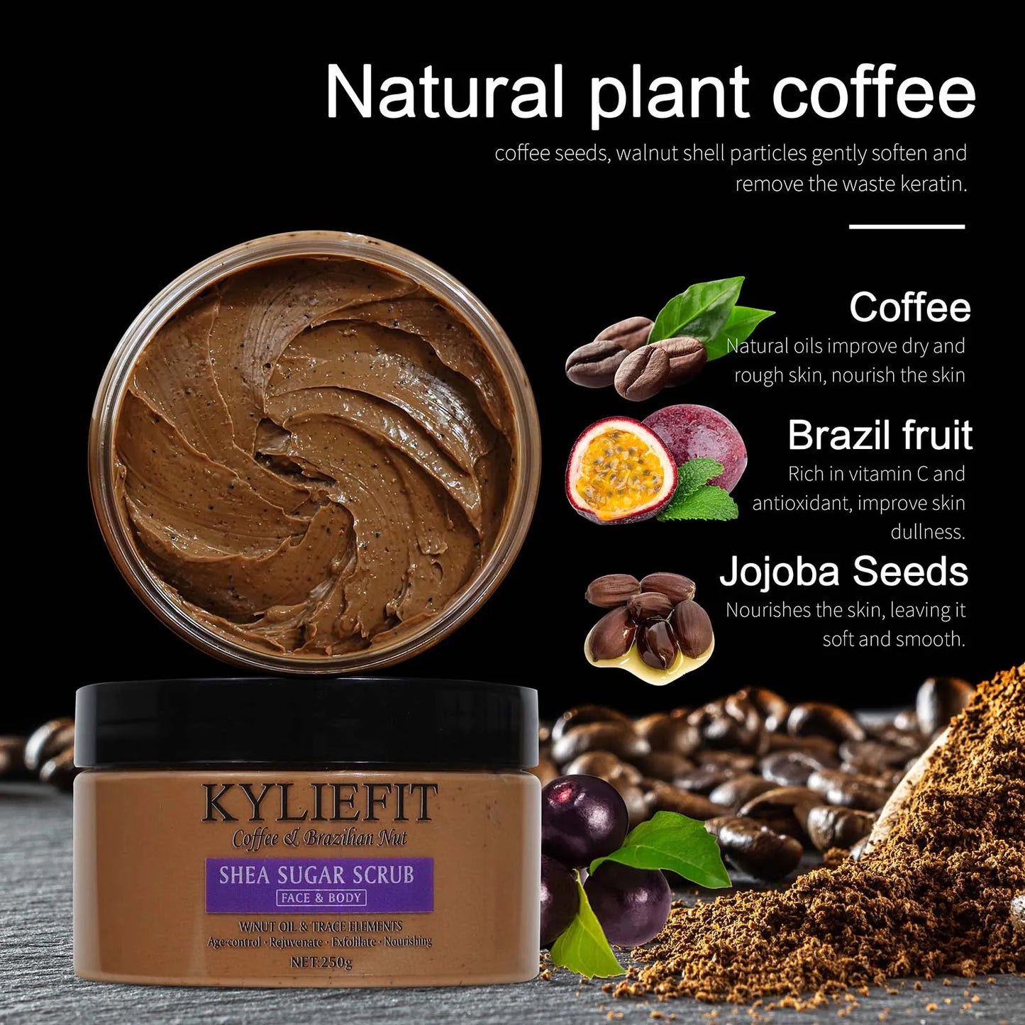 KYLIEFIT Coffee & Brazilian Nut Shea Sugar Scrub, Lightening, Whitening, Exfolilate, Nourishing, Cleaning Skin, for Face, Body
