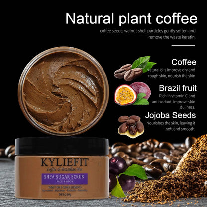 KYLIEFIT Coffee & Brazilian Nut Shea Sugar Scrub, Lightening, Whitening, Exfolilate, Nourishing, Cleaning Skin, for Face, Body