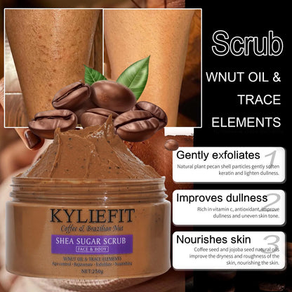 KYLIEFIT Coffee & Brazilian Nut Shea Sugar Scrub, Lightening, Whitening, Exfolilate, Nourishing, Cleaning Skin, for Face, Body