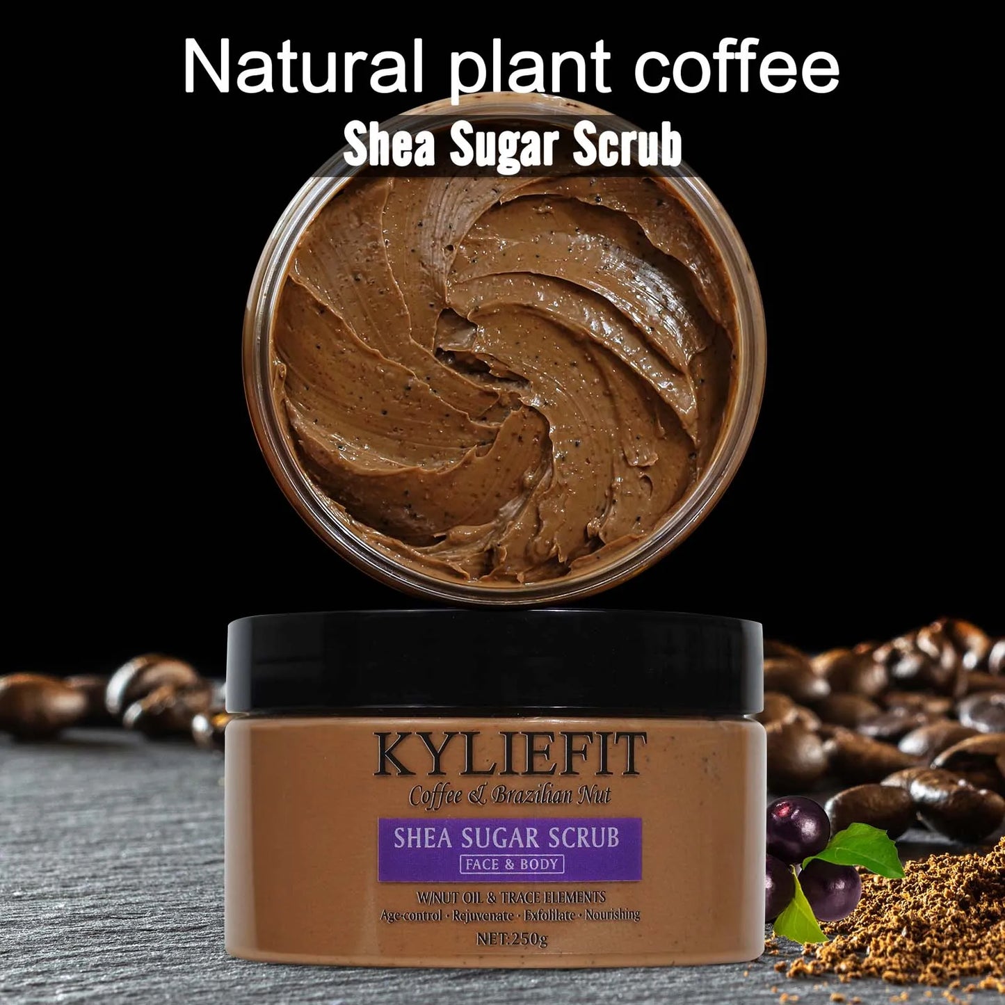 KYLIEFIT Coffee & Brazilian Nut Shea Sugar Scrub, Lightening, Whitening, Exfolilate, Nourishing, Cleaning Skin, for Face, Body