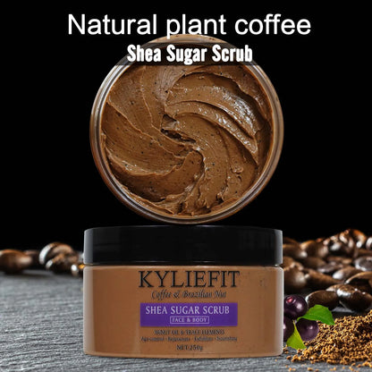 KYLIEFIT Coffee & Brazilian Nut Shea Sugar Scrub, Lightening, Whitening, Exfolilate, Nourishing, Cleaning Skin, for Face, Body