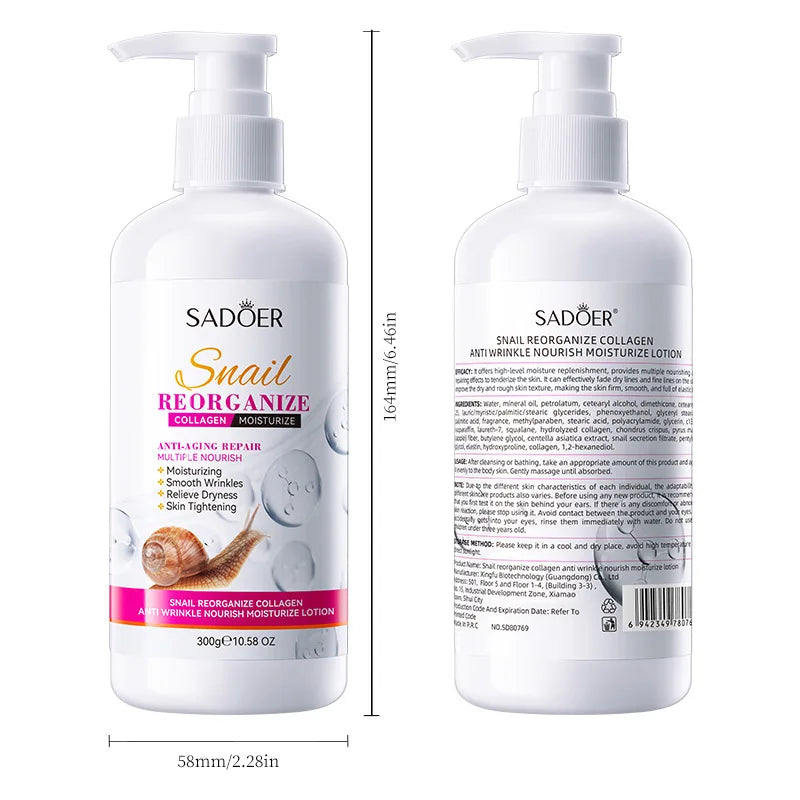 300g SADOER Snail collagen Body Lotion Anti Wrinkles Moisturizing Nourishing Whitening Body Cream Whole Body Hand Leg Skin Care