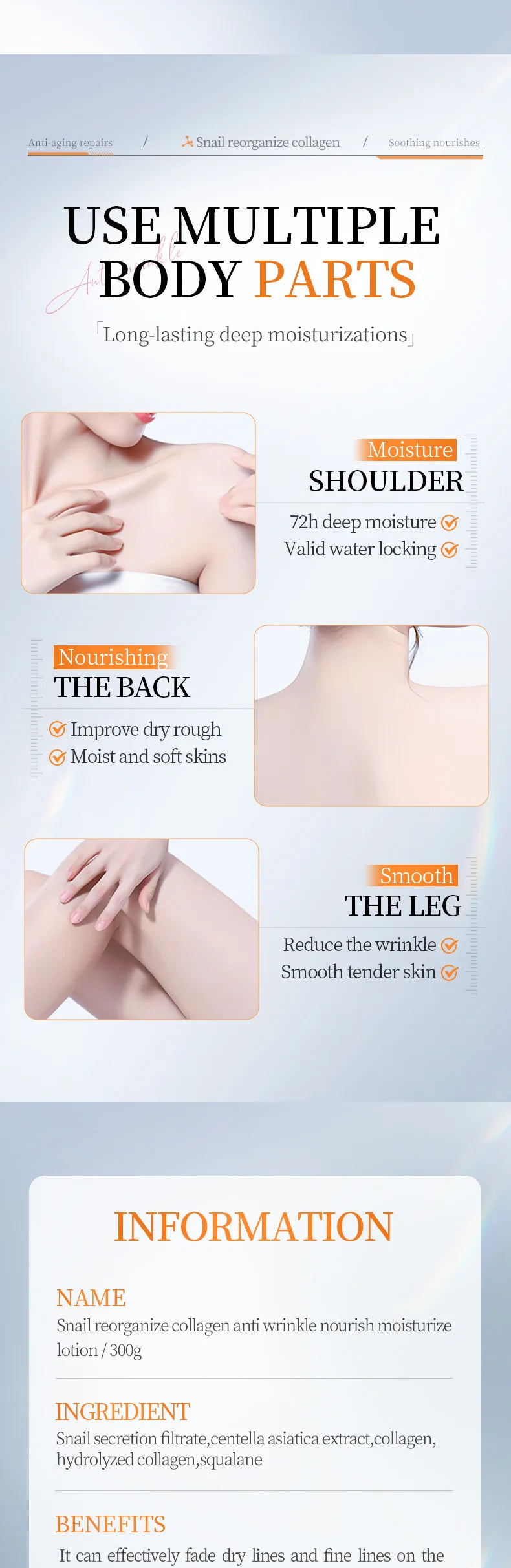300g SADOER Snail collagen Body Lotion Anti Wrinkles Moisturizing Nourishing Whitening Body Cream Whole Body Hand Leg Skin Care