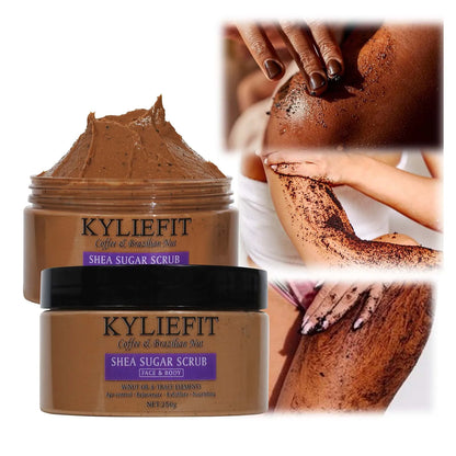 KYLIEFIT Coffee & Brazilian Nut Shea Sugar Scrub, Lightening, Whitening, Exfolilate, Nourishing, Cleaning Skin, for Face, Body