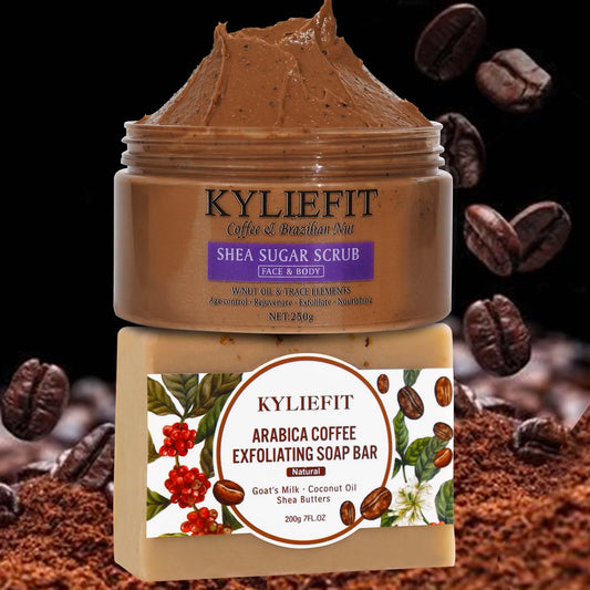 KYLIEFIT Coffee & Brazilian Nut Shea Sugar Scrub, Lightening, Whitening, Exfolilate, Nourishing, Cleaning Skin, for Face, Body