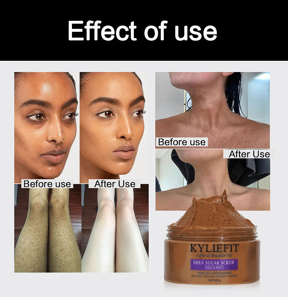 KYLIEFIT Coffee & Brazilian Nut Shea Sugar Scrub, Lightening, Whitening, Exfolilate, Nourishing, Cleaning Skin, for Face, Body