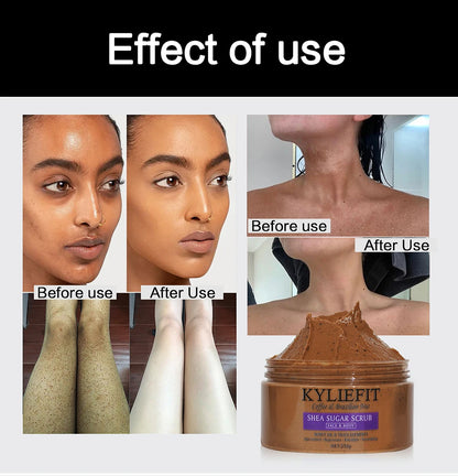 KYLIEFIT Coffee & Brazilian Nut Shea Sugar Scrub, Lightening, Whitening, Exfolilate, Nourishing, Cleaning Skin, for Face, Body