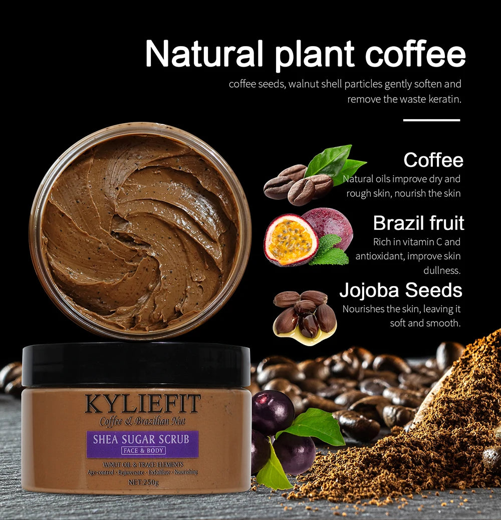 KYLIEFIT Coffee & Brazilian Nut Shea Sugar Scrub, Lightening, Whitening, Exfolilate, Nourishing, Cleaning Skin, for Face, Body