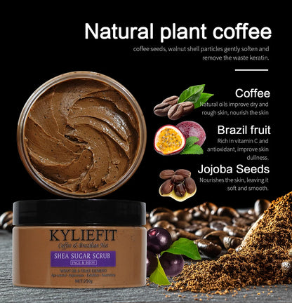 KYLIEFIT Coffee & Brazilian Nut Shea Sugar Scrub, Lightening, Whitening, Exfolilate, Nourishing, Cleaning Skin, for Face, Body