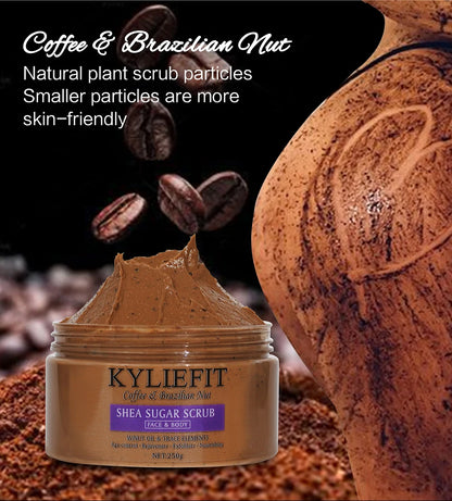 KYLIEFIT Coffee & Brazilian Nut Shea Sugar Scrub, Lightening, Whitening, Exfolilate, Nourishing, Cleaning Skin, for Face, Body