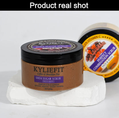 KYLIEFIT Coffee & Brazilian Nut Shea Sugar Scrub, Lightening, Whitening, Exfolilate, Nourishing, Cleaning Skin, for Face, Body