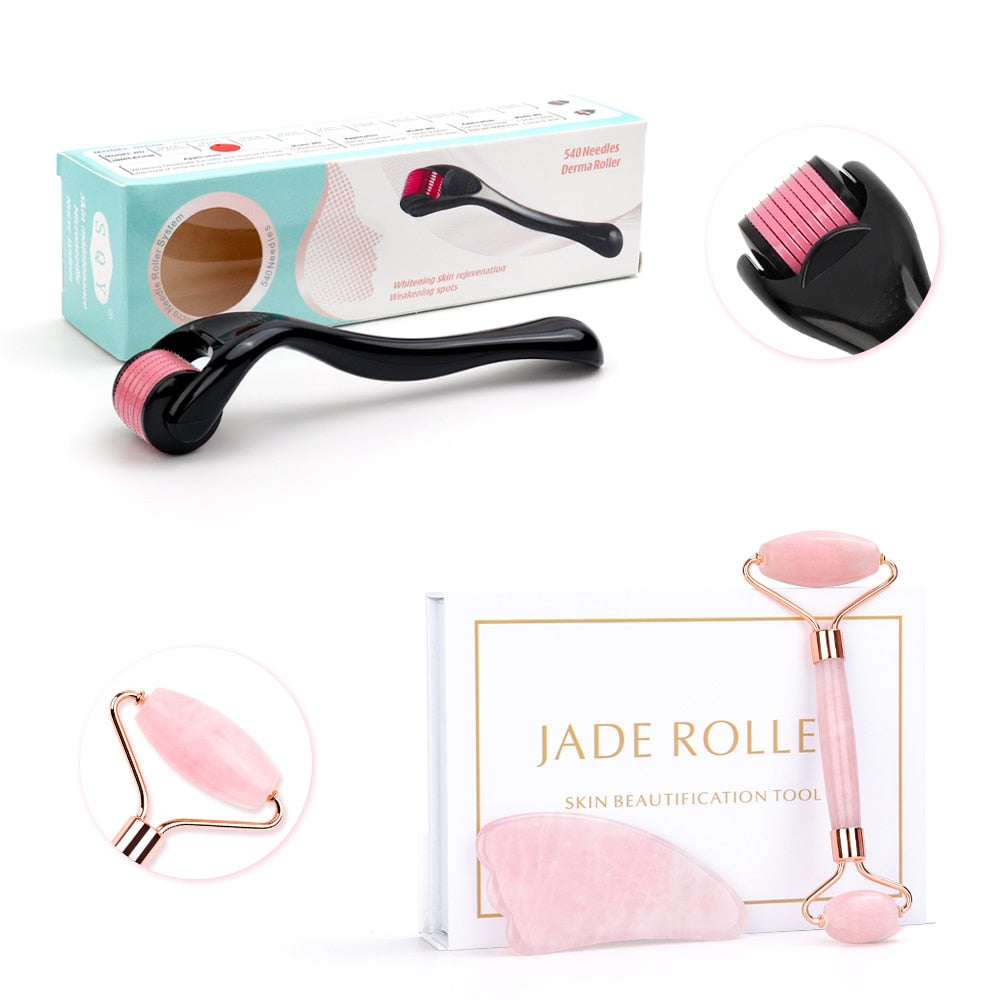 Micro Needle Roller Jade Roller Scraping Board Set Facial Slimming Massager Face-lifting Natural Stone Skin Care Set for gift