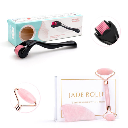 Micro Needle Roller Jade Roller Scraping Board Set Facial Slimming Massager Face-lifting Natural Stone Skin Care Set for gift