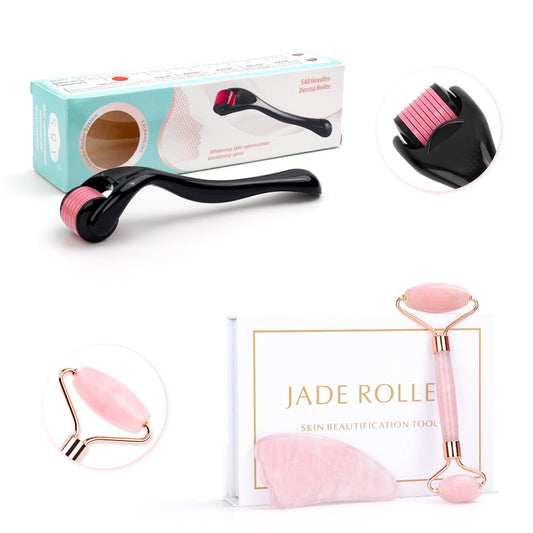 Micro Needle Roller Jade Roller Scraping Board Set Facial Slimming Massager Face-lifting Natural Stone Skin Care Set for gift